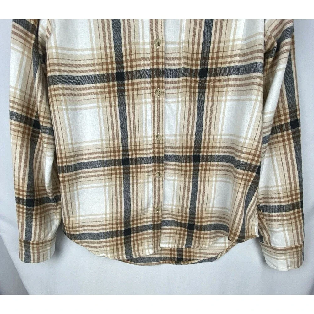 Old Navy Shirt Women LT Cream‎ Plaid Flannel Button Up Classic Fit 100% Cotton